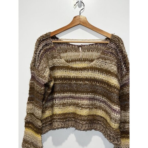 Free People Limbo Knit Crop Alpaca Blend Boho Stripe Multi Brown Women's Size M - Picture 3 of 9